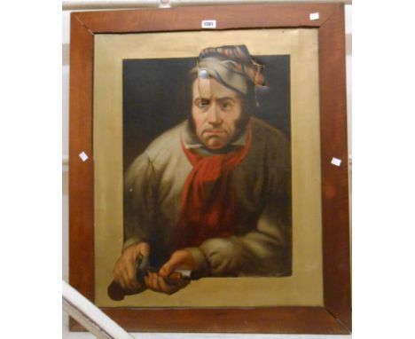 A maple framed antique oil painting on canvas portrait of a brigand sailor with trompe l'oeil effect - large rip to canvas