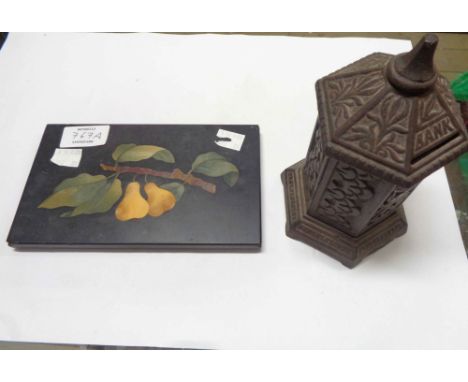 An old Pietre Dura panel with hardstone inlay depicting pears on a branch, set in a black slate base - sold with an antique c