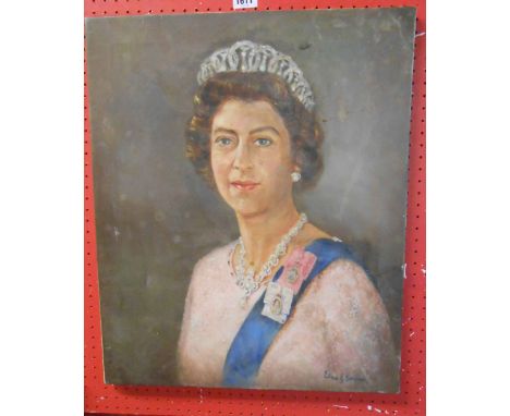 Edna G. Simpson: an unframed stretchered oil on canvas portrait of the late queen Elizabeth II - signed - 60cm X 51cm