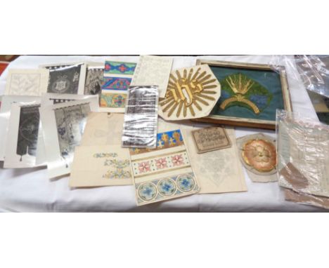 A collection of antique embroidery and designs relating to Miss Maidment including small ecclesiastical panels, hand painted 