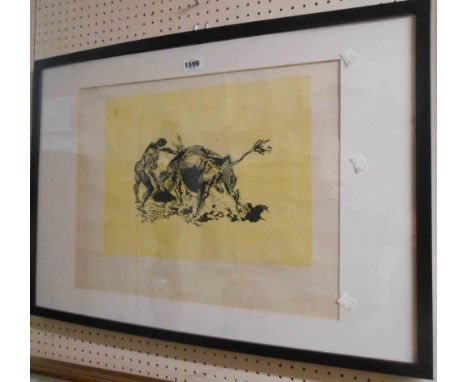 †Gertrude Hermes: an ebonised wood cut print entitled 'Bull Fight 4' - signed, titled and dated 1955 in pencil to the margin 