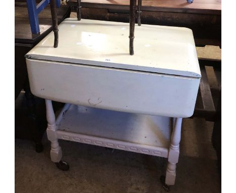 A vintage later painted drop-leaf tea trolley and small table - sold with a pair of stick back standard chairs with shabby ch