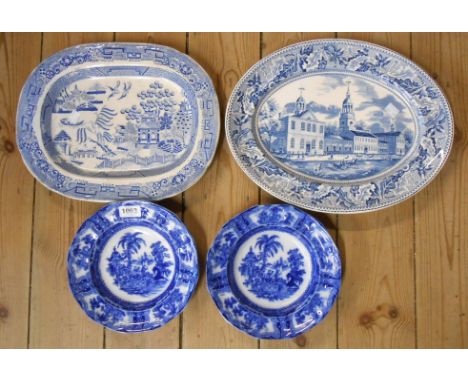 An antique blue and white transfer printed willow pattern meat platter and a Johnson Bros. blue and white meat plate in the A