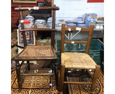 A late Victorian stained beech framed child's chair with cross frame back and rattan seat panel - sold with a later child's c