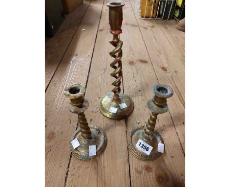A pair of late 19th Century small cast brass candlesticks with bobbin turned style stem - sold with a single 19th Century ope