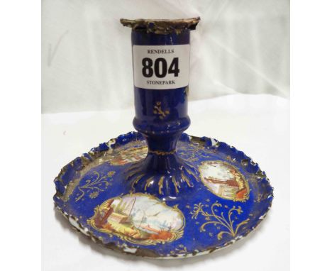 An 18th Century Bilston (Staffordshire) enamel candlestick of short chamber style form with removable sconce decorated with t