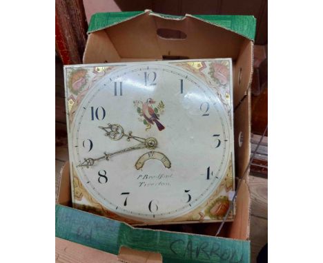 A 19th Century longcase clock movement, the 28cm painted square dial marked for P. Bradford, Tiverton with thirty hour bell s