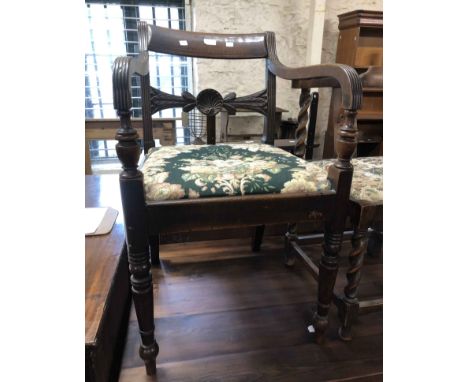 An old stained oak framed corner chair with upholstered seat panel, set on barley twist supports - sold with a 19th Century m