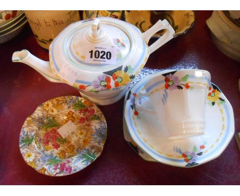 A Tuscan china Art Deco part tea set comprising teapot, cup, saucer, plate and spare saucer - sold with a Royal Winton chintz