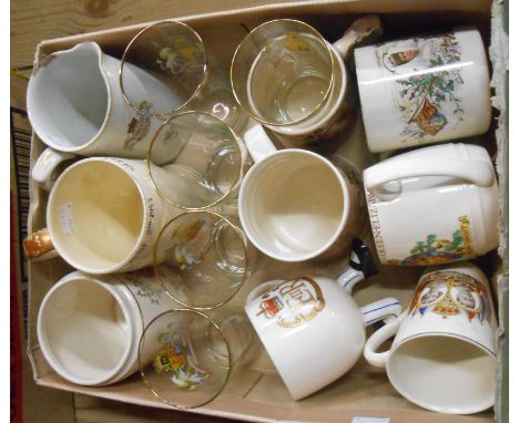 A box containing a quantity of commemorative china and glass including Carltonware footed mug, Crown Devon 1953 Coronation mu