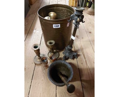 A small selection of assorted metalware including cast brass candlestick with elephant head decoration, antique pestle and mo
