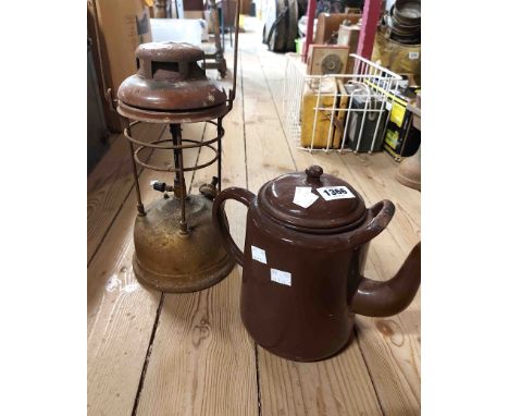 An old Tilly lamp - sold with a large brown enamel teapot