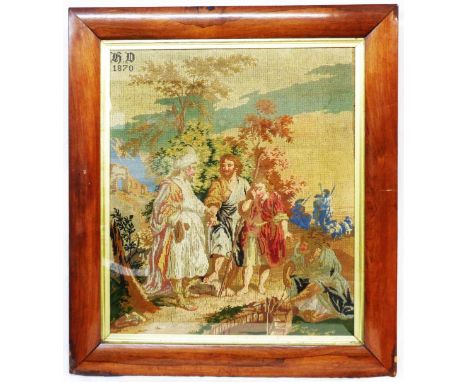 An antique tapestry panel depicting a scene of travellers in the Middle East with initials H.D. and dated 1870, set in a rose