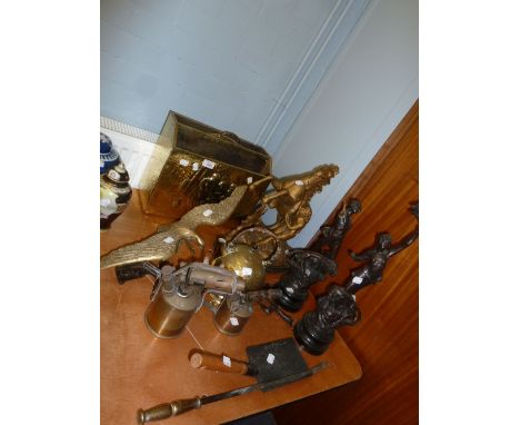 GILT SPELTER MODEL OF A MARLEY HORSE, ON EBONISED BASE, 16 1/2" (42cm) HIGH, (GILDING REFRESHED), PAIR OF SPELTER FIGURES (A.