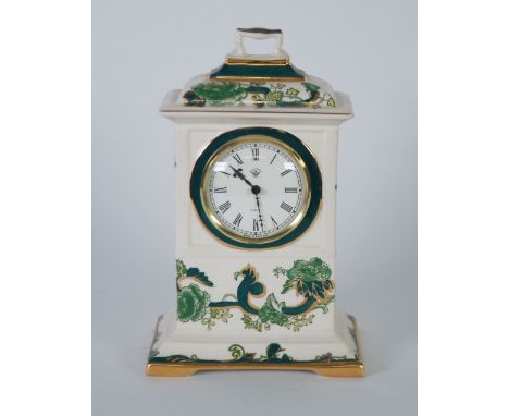 MASON'S GREEN CHARTREUSE POTTERY QUARTZ MANTEL CLOCK, of Georgian caddy top form with handle, 9 1/2" (24.1cm) high, printed m