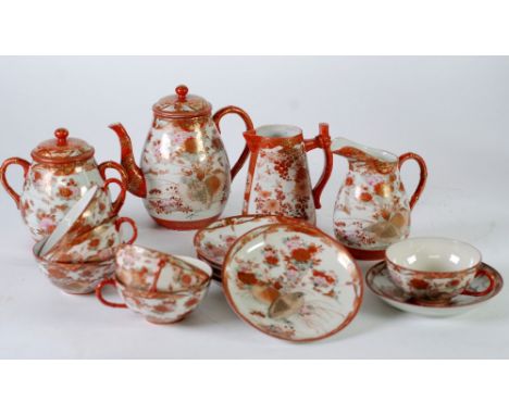 PORCELAIN KUTANI CHINA 16 PIECE TEA SERVICE, decorated with flower gardens, comprising; tea pot, sugar bowl, two various milk