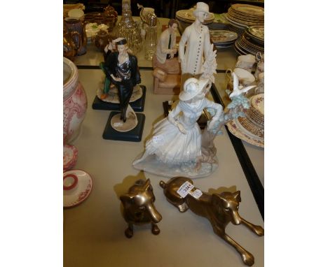 NAO CHINA GROUP OF A GIRL AND DOVE, FOUR MODERN CAPO DI MONTE HAND PAINTED COMPOSITION FIGURES AND GROUPS AND TWO BRASS MODEL