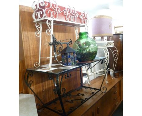 A COLLECTION OF DECORATIVE SCROLL METAL FRAME FURNITURE COMPRISING; COFFEE TABLE WITH TILE TOP OVER OPEN SHELF, A DEMI LUNE T