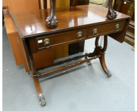 REGENCY STYLE MAHOGANY SOFA TABLE WITH OVAL MARQUETRY INLAY TO THE TOP, TWO DRAWERS, ON LYRE SHAPED END SUPPORTS WITH CHEVAL 
