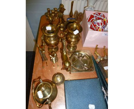 SMALL COLLECTION DECORATIVE BRASS WARES INCLUDING PAIR OF INDIAN BRASS AND ENAMEL VASES AND SIMILAR TABLE CIGARETTE BOX, ANIM