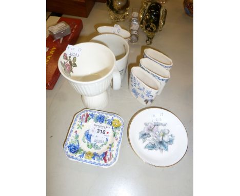 WEDGWOOD POTTERY 'PETER RABBIT' MUG; 3 MASONS POTTERY CIGARETTE RECEIVERS AND AN ASHTRAY, ROYAL WORCESTER CHINA CIGARETTE REC