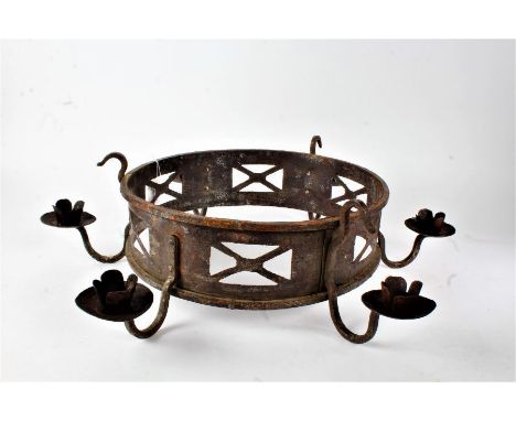 Iron six branch chandelier, with pierced decoration and three hanging hooks, 37cm diameter