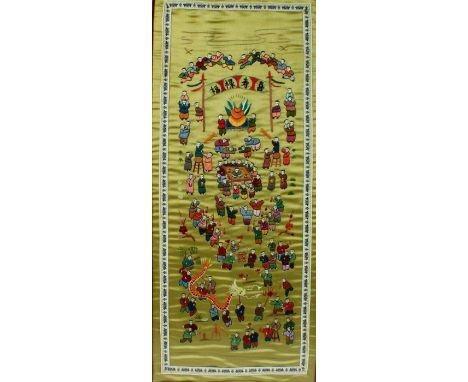 Two Chinese silk embroideries, the first depicting a ceremony (64cm tall x 32cm wide), the second with figures in boats on a 