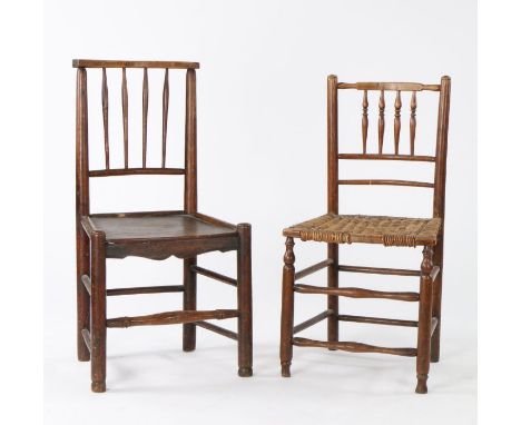 Two 19th Century country made chairs, the first in elm with a top rail above turned spindles and solid seat above a wavy stre