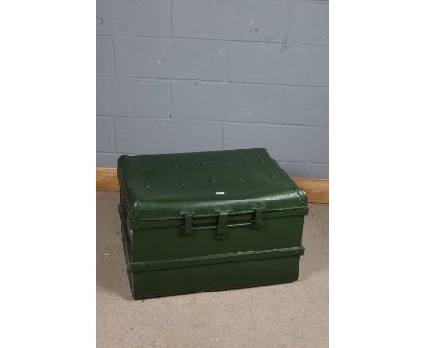 Green painted tin trunk, the hinged lid with three clasps, 73cm wide