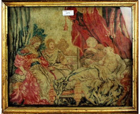 19th century needlework tapestry, in the French taste, a lady in a red cloak with reclining man opposite and two seated figur