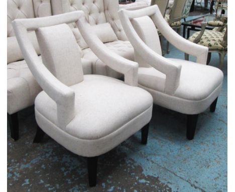 ARMCHAIRS, a pair, button back in oatmeal fabric with open back, 68cm. (2)