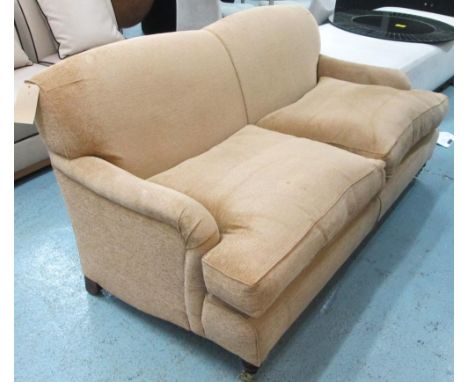 SOFA, Howard style with sand upholstery on turned front supports, 180cm W. (with faults)