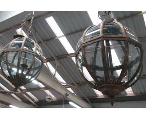 CEILING LIGHTS, a pair, globe form, in distressed gold finish, 39cm x 62cm. (2)