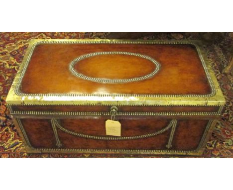 CHINESE EXPORT TRUNK, early 19th century Chinese export camphorwood, leather and brass studded with rising lid and carrying h