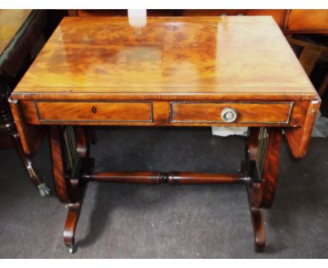SOFA TABLE, 19th century mahogany, ebonised and brass mounted with drop flap top above opposing real and dummy drawers on lyr