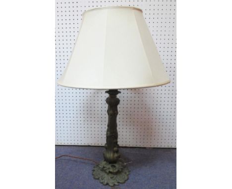 LAMP, cast metal base with shade, 69cm H.