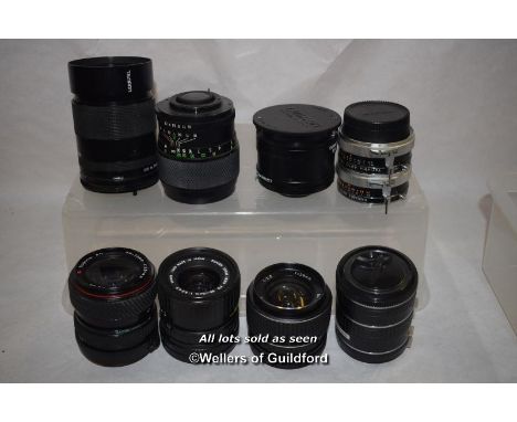 8 x mixed camera lenses, Tamron 135mm, Chinon 135mm, Tokina SD 28-70mm, Aico, Tamron 2x Teleconverter, Canon 35-70mm, Mirage 