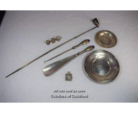 Two silver thimbles and a plated example; miniature silver strut photo frame with crown surmount, marks rubbed; silver handle