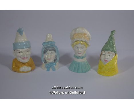 Four Royal Worcester candle snuffers, Mr &amp; Mrs Caudle, Punch and Mob Cap, black printed marks.