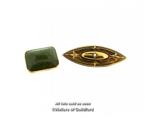 15ct  mourning brooch set with a seed pearl to the centre, and a green stone set brooch, mounted in yellow metal stamped 9ct,