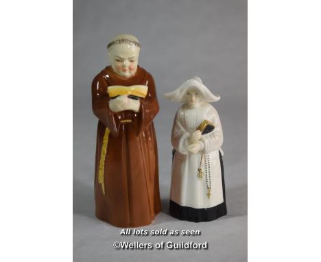 Two Royal Worcester candle snuffers modelled as a monk and a nun, the taller 12.5cm.