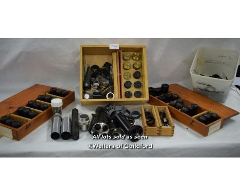 Large selection of mixed vintage microscope spares including R &amp; J Beck lense objectives in orignal cases and microscope 