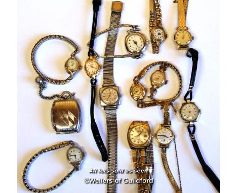 Selection of twelve ladies' vintage wristwatches, including Bulova, Rotary, Timex, together with a miniature travel clock