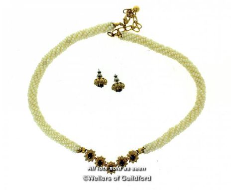 *Selection of costume jewellery, including a freshwater pearl necklace set with five clusters with an oval sapphire to the ce