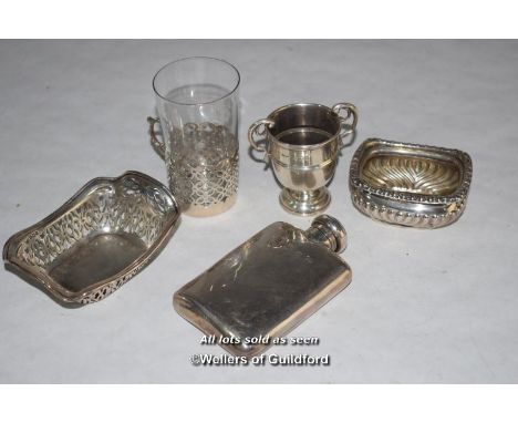 A small silver hip flask, Birmingham 1924; small pierced silver basket, Birmingham 1920; Victorian salt, lacks liner; small s