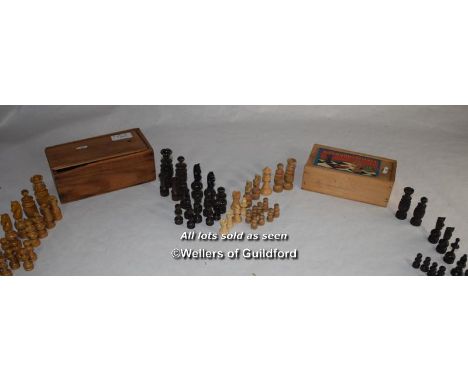 Two small wooden chess sets, heights of kings 7.5 and 6.5cm.