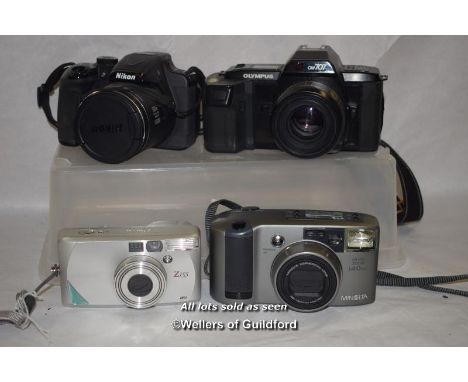 4 x mixed cameras including Canon Z155, Olympus OM 707, Nikon Coolpix P600 digital and Minolta 140 EX