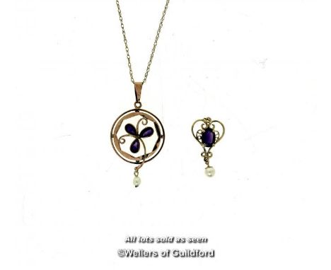 *Amethyst pendant, three pear shaped amethysts set in a circular openwork rose metal design stamped 9ct, suspending a small p