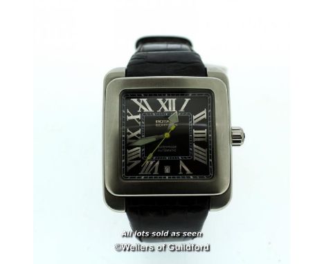 Rotary Editions 700 series wristwatch, square black dial with Roman numerals, on a black leather strap