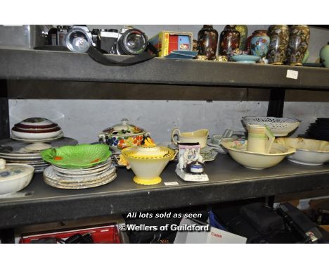Decorative china including Clarice Cliff bizarre bowls, Carltonwae leaf dish, Lawleys Art Deco sugar bowl and cover.